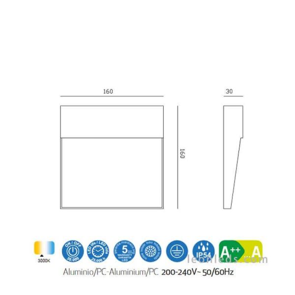 Dimensiones Baliza de superficie LED cuadrada para exterior Baker de Mantra | LeonLeds Iluminación