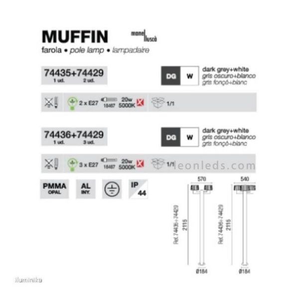 Dimensiones Farola de jardín Muffin con 3 brazos Faro Barcelona | LeonLeds Iluminación