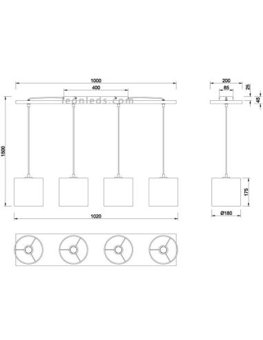 Dimensiones Lámpara de techo nórdica 4 pantallas Elmau Trio Lighting | LeonLeds Iluminación