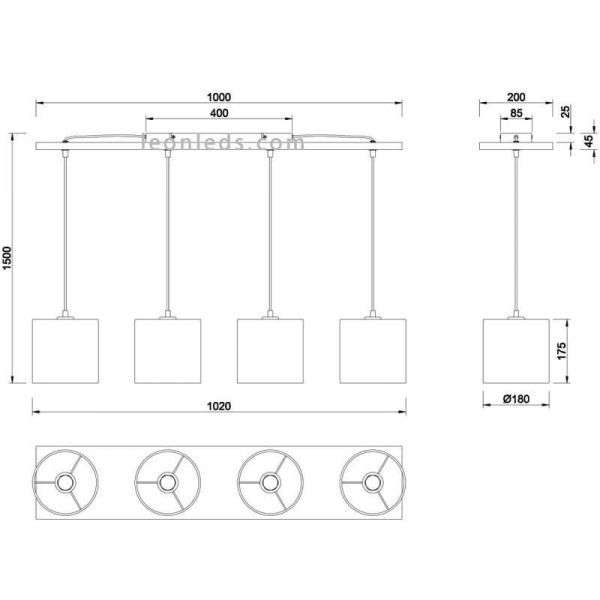 Dimensiones Lámpara de techo nórdica 4 pantallas Elmau Trio Lighting | LeonLeds Iluminación