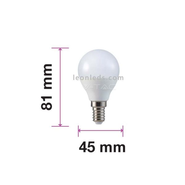 Dimensiones Bombilla LED esférica E14 P45 7W 600Lm Vtac Pro | LeonLeds Iluminación LED