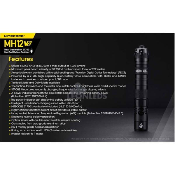 características Linterna LED 1200Lm MH12 Recargable Nitecore | LeónLeds Iluminación