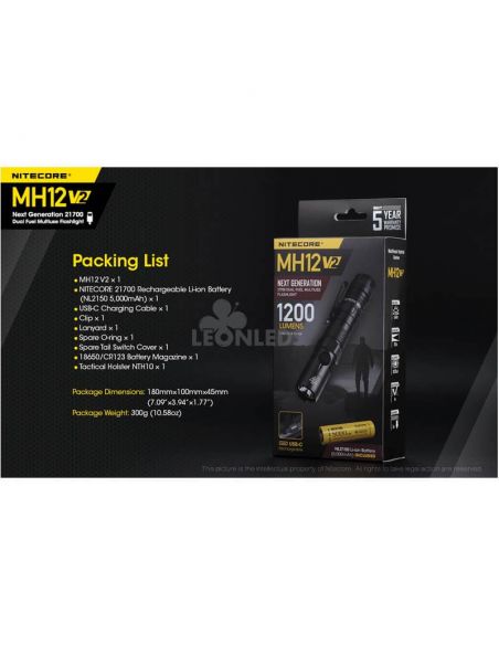 paquet de produits Nitecore MH12 Lampe de poche LED rechargeable 1200Lm | Éclairage LeonLeds