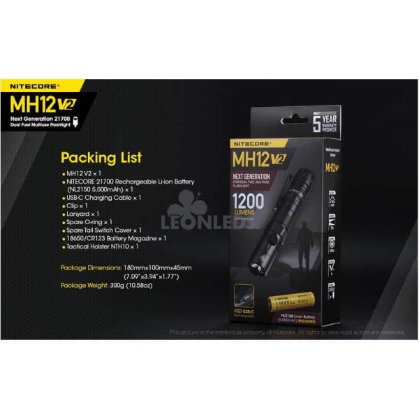 paquete de productos Linterna LED 1200Lm MH12 Recargable Nitecore | LeónLeds Iluminación