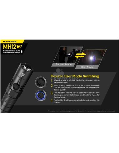 modes tactiques et quotidiens Nitecore Lampe de poche LED rechargeable 1200Lm MH12 | Éclairage LeonLeds