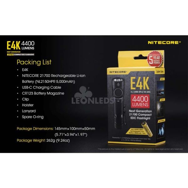 Torche à main 4 LEDs Paquet de produits E4K haute puissance Nitecore | Éclairage LeonLeds