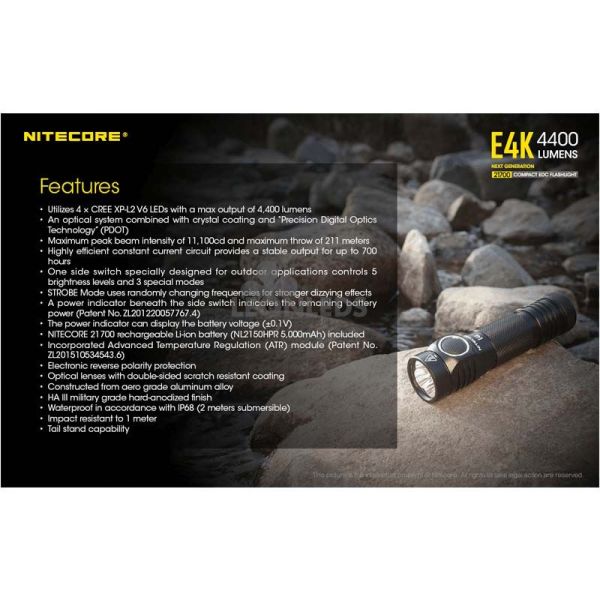 Linterna de Mano 4 LEDs Alta Potencia E4K características Nitecore | LeónLeds Iluminación