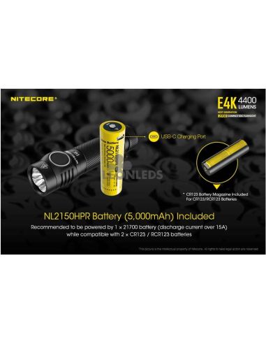 Linterna de Mano 4 LEDs Alta Potencia E4K batería NL2150HPR Nitecore | LeónLeds Iluminación