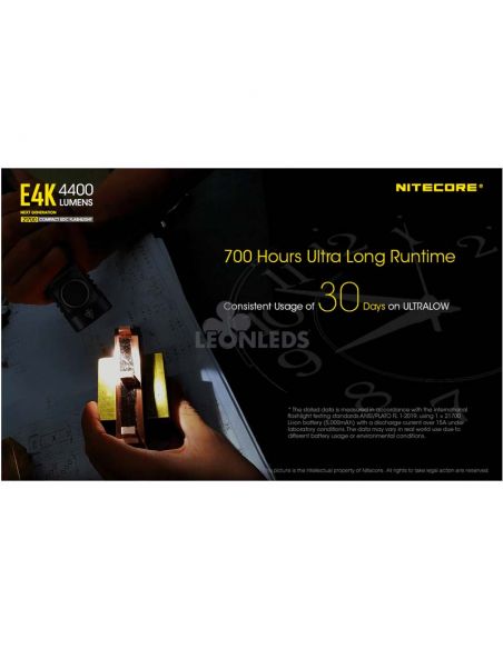 Torche à Main 4 LEDs Haute Puissance E4K 700 heures d'autonomie Nitecore | Éclairage LeonLeds