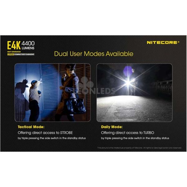 Linterna de Mano 4 LEDs Alta Potencia E4K modo táctico y modo diario Nitecore | LeónLeds Iluminación