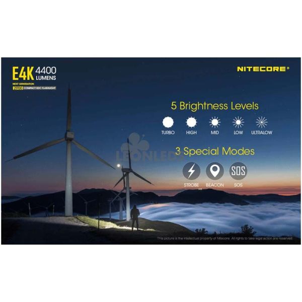 Torche à Main 4 LEDs Haute Puissance E4K 5 modes de luminosité et 3 modes spéciaux Nitecore | Éclairage LeonLeds