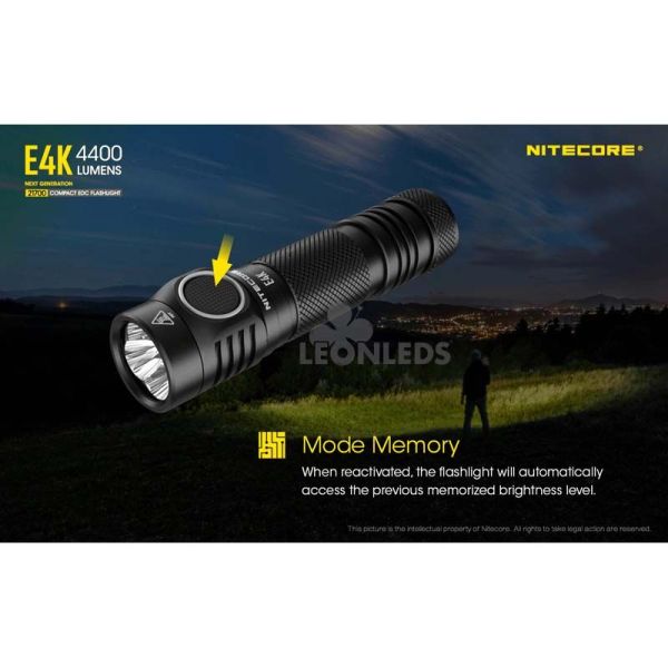 Linterna de Mano 4 LEDs Alta Potencia E4K modo de memoria Nitecore | LeónLeds Iluminación