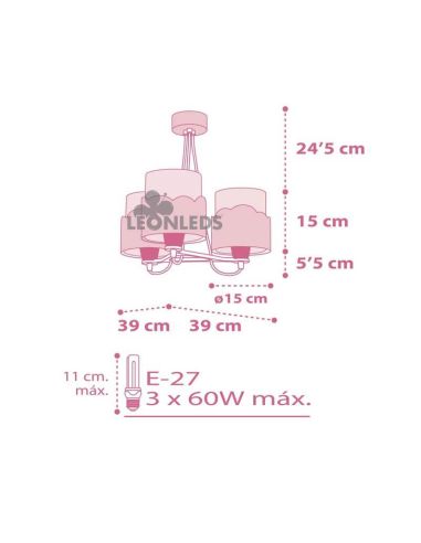 Dimensiones Lámpara colgante 3 luces para bebe rosa Moon 61237S | LeonLeds Iluminación