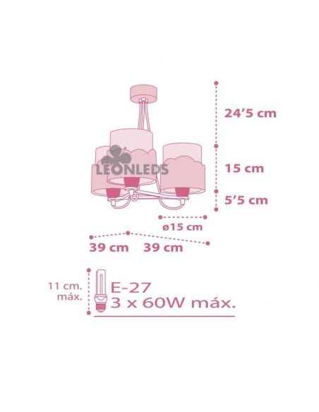 Dimensiones Lámpara colgante 3 luces para bebe rosa Moon 61237S | LeonLeds Iluminación
