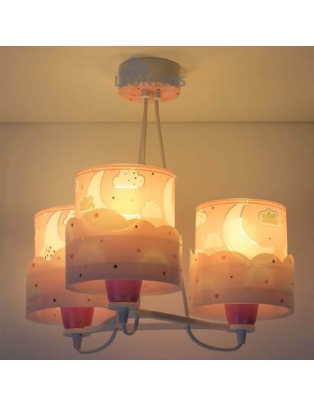 Lámpara colgante 3 luces para bebe rosa Moon 61237S | LeonLeds Iluminación