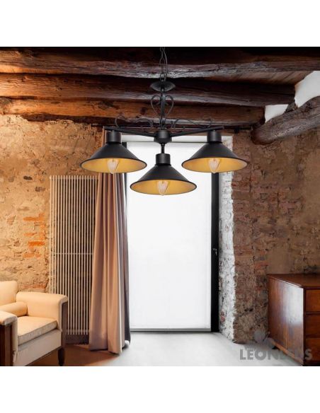 Lámpara de techo Buhardilla negra y dorada 3 luces rustica| LeonLeds.com