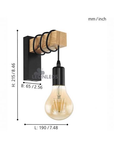 Aplique de pared colgante vintage Townshend Vintage 1XE27 | Aplique vintage de madera de Eglo Lighting | LeonLeds Iluminación