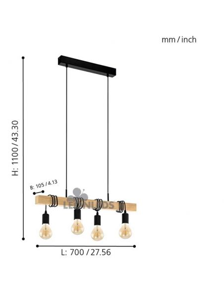 Luminária pendente de teto vintage Townshend 4XE27 | Luminária de teto vintage de madeira da Eglo Lighting | Leon Iluminação LED