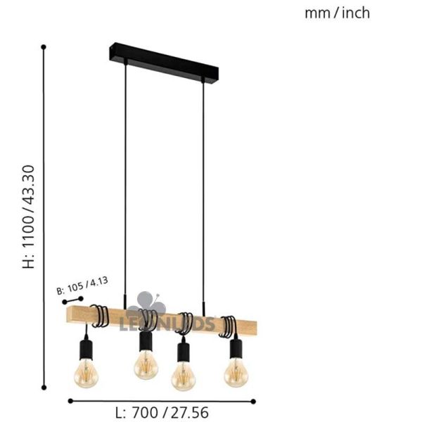 Lámpara colgante de Techo Townshend Vintage 4XE27 | Lámpara vintage de madera de techo de Eglo Lighting | LeonLeds Iluminación