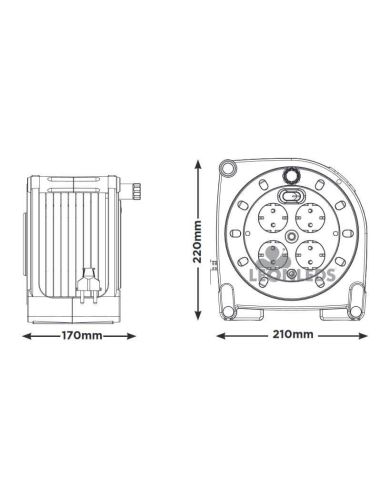 Dimensões Bobina de Cabo 15 metros + 4 Tomadas 3000W 250V Luceco Pro XT | leonleds