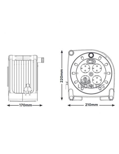Dimensões Bobina de Cabo 15 metros + 4 Tomadas 3000W 250V Luceco Pro XT | leonleds