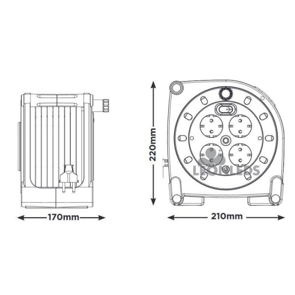 Dimensiones Enrollacables 15 metros + 4 Enchufes 3000W 250V Luceco Pro XT | LeonLeds