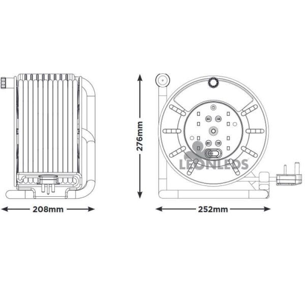 Dimensiones Enrollacable 50 metros + 4 Enchufes 3000W 250V Luceco | LeonLeds Iluminación