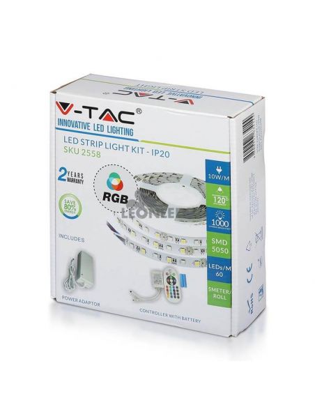Ruban LED 2558 9W/m IP20 RVB 5 mètres Vtac | boîte de bande LED RGB multicolore | Vente de rubans LED | Éclairage LeonLeds