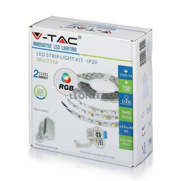 Ruban LED 2558 9W/m IP20 RVB 5 mètres Vtac | boîte de bande LED RGB multicolore | Vente de rubans LED | Éclairage LeonLeds