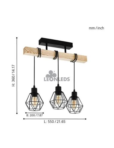 Plafonnier en bois Townshend 5 Vintage 3XE27| Plafonnier Vintage d'Eglo Lighting | Éclairage LeonLeds