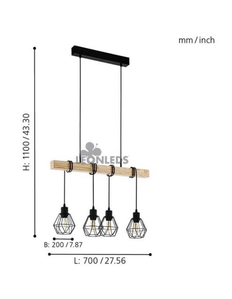 Lámpara de Techo de madera Townshend 5 Vintage 4XE27| Lámpara vintage de madera de Eglo Lighting | LeonLeds Iluminación