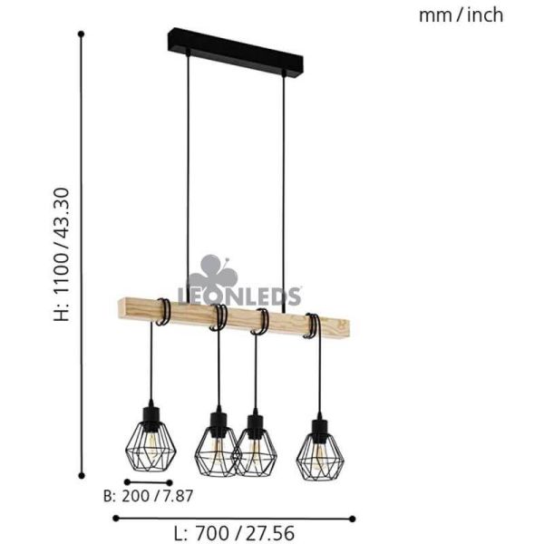 Lámpara de Techo de madera Townshend 5 Vintage 4XE27| Lámpara vintage de madera de Eglo Lighting | LeonLeds Iluminación