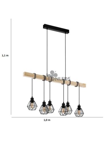 Lámpara de Techo de madera Townshend 5 Vintage 6XE27| Lámpara vintage de acero de Eglo Lighting | LeonLeds Iluminación