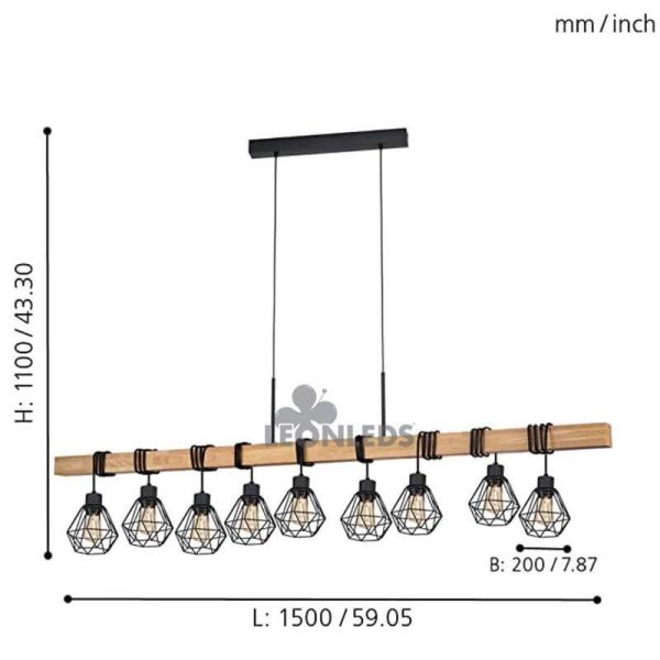 Plafonnier en bois Townshend 5 Vintage 9XE27| Lampe Vintage en Acier d'Eglo Lighting | Éclairage LeonLeds