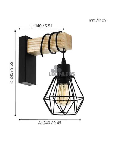 Aplique colgante de pared madera vintage Townshend 5 1XE27 | Aplique vintage de acero de Eglo Lighting | LeonLeds Iluminación