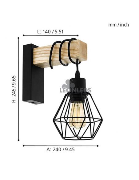 Aplique colgante de pared madera vintage Townshend 5 1XE27 | Aplique vintage de acero de Eglo Lighting | LeonLeds Iluminación