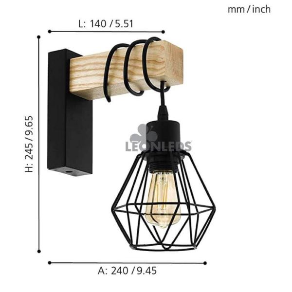 Aplique colgante de pared madera vintage Townshend 5 1XE27 | Aplique vintage de acero de Eglo Lighting | LeonLeds Iluminación