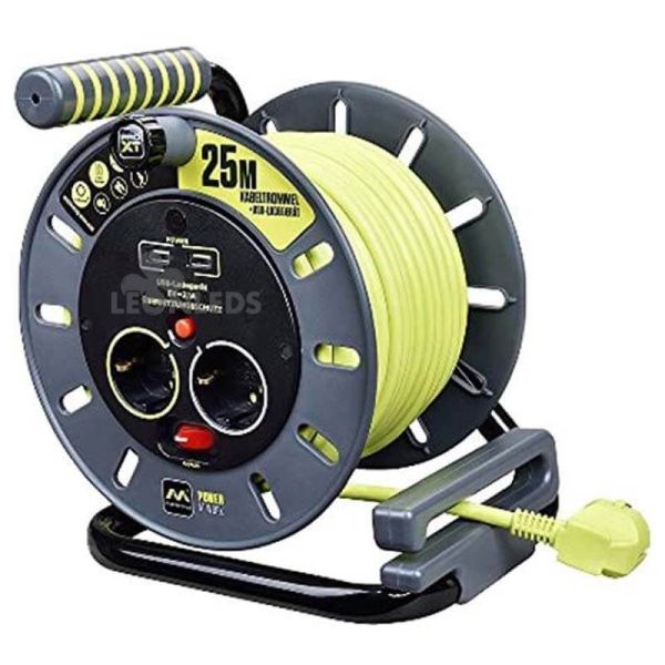 Enrouleur de câble 25M avec 2 USB + 2 Prises 3000W 250V Luceco | Éclairage LeonLeds