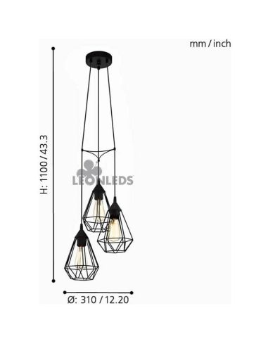 Suspension en métal noir Tarbes 3XE27 | Lampe à Suspension Vintage en Métal de Eglo Lighting | Éclairage LeonLeds