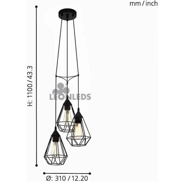 Lámpara colgante de metal negra Tarbes 3XE27 | lámpara colgante vintage de metal de Eglo Lighting | LeonLeds Iluminación