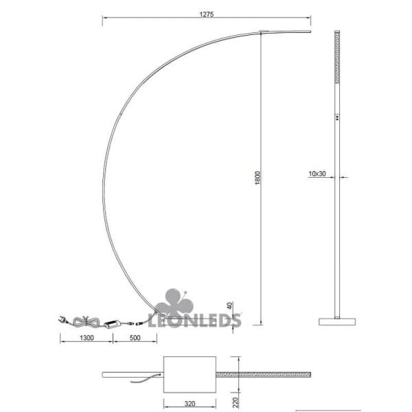Dimensions Lampadaire LED Bangkok noir minimaliste Trio Lighting | leonleds