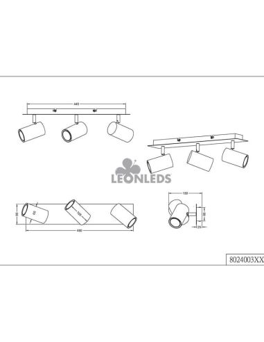 Regleta 3 focos rectangular níquel Marley TrioLighting | medidas | LeónLeds Iluminación