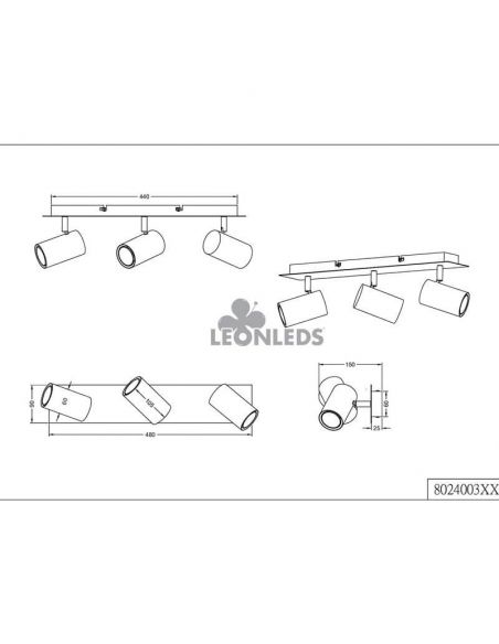 Regleta 3 focos rectangular níquel Marley TrioLighting | medidas | LeónLeds Iluminación