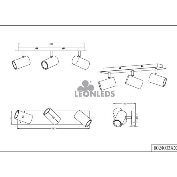 Regleta 3 focos rectangular níquel Marley TrioLighting | medidas | LeónLeds Iluminación