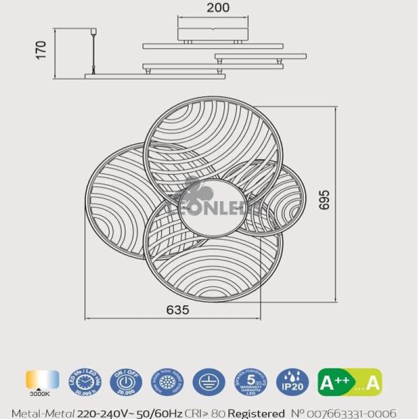 Dimensions du plafonnier LED 60 W Collage Or Noir 7230 7231 | LeonLeds Lighting