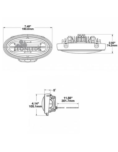Dimensiones Faro LED de trabajo empotrable para John Deere Series R y M Original JW Speaker | LeonLeds Iluminación