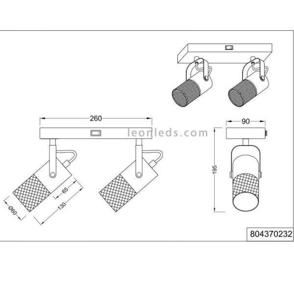 Aplique LED de madera vintage 2 focos Tosh de Trio Lighting| medidas para pared o muro| LeonLeds Iluminación