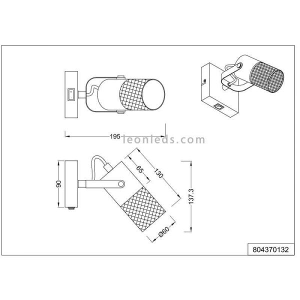 Aplique LED de madera vintage 1 foco Tosh de Trio Lighting| medidas para pared o muro| LeonLeds Iluminación