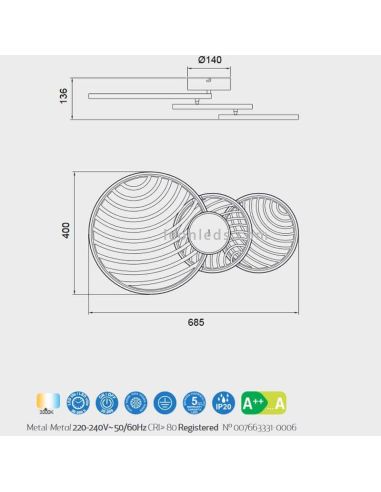 Dimensions Applique et plafonnier Collage LED 40W Noir Or 7232 7233 Mantra | Éclairage LeonLeds