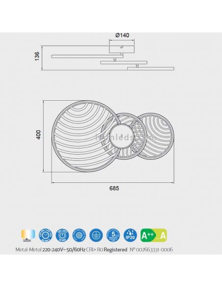 Dimensions Applique et plafonnier Collage LED 40W Noir Or 7232 7233 Mantra | Éclairage LeonLeds